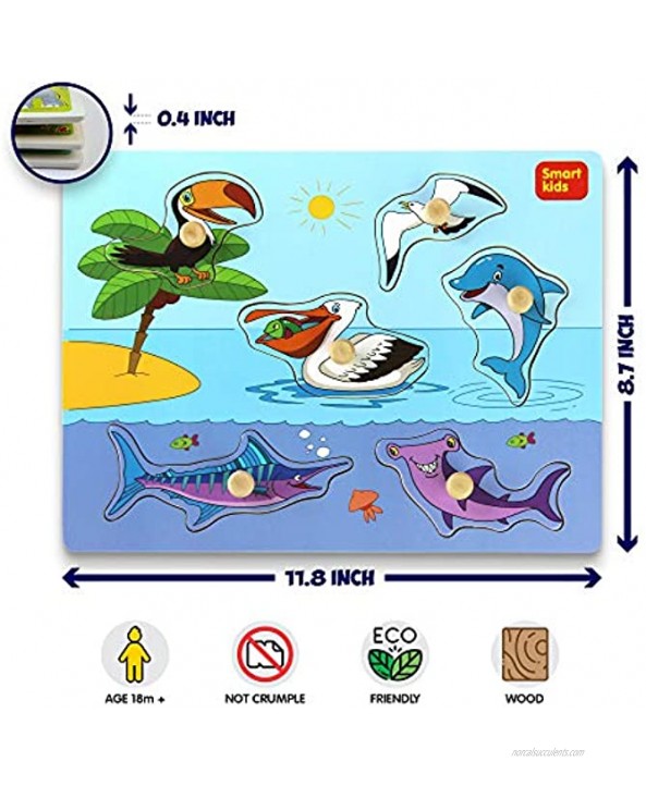 Smart Kids Service Wooden peg Puzzles for Toddlers Boys and Girls Age months18+ Sea Animals Set with Gift Box
