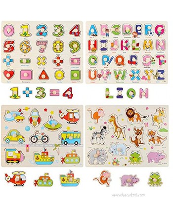 Wondertoys 4 Pcs Wooden Peg Puzzles Set for Toddlers Alphabet ABC Number Animals and Vehicles Learning Puzzles Board for Kids Preschool Educational Peg Puzzles Activity Toys Gift for Boy Girl