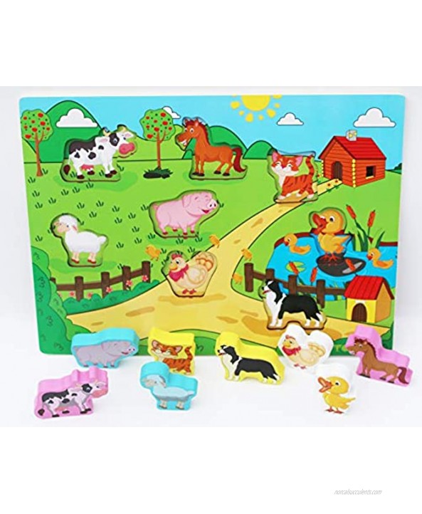 Wooden Animal Puzzles Shinnington Farm Animals Peg Puzzles Inset Chunky Size Wooden Jigsaw Puzzle for 18 Months Old Baby Toddler First Puzzle as Early Learning Toys