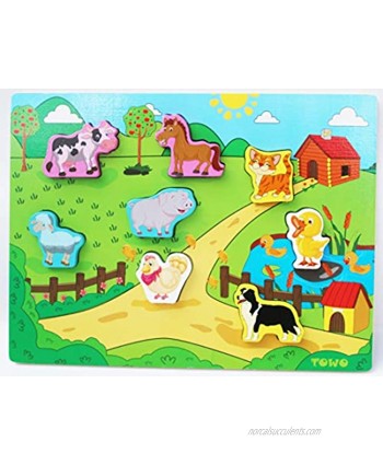 Wooden Animal Puzzles Shinnington Farm Animals Peg Puzzles Inset Chunky Size Wooden Jigsaw Puzzle for 18 Months Old Baby Toddler First Puzzle as Early Learning Toys