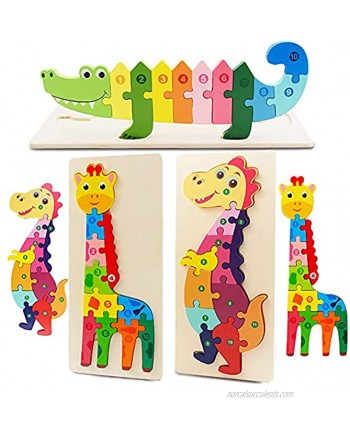 Wooden Jigsaw Puzzle for Toddlers 3 Pack Animals Dinosaur Crocodile Giraffe Colorful Wood Numbered Puzzles Baby Infant Kid Preschool Learning Educational Toys 2-5 Years Old.