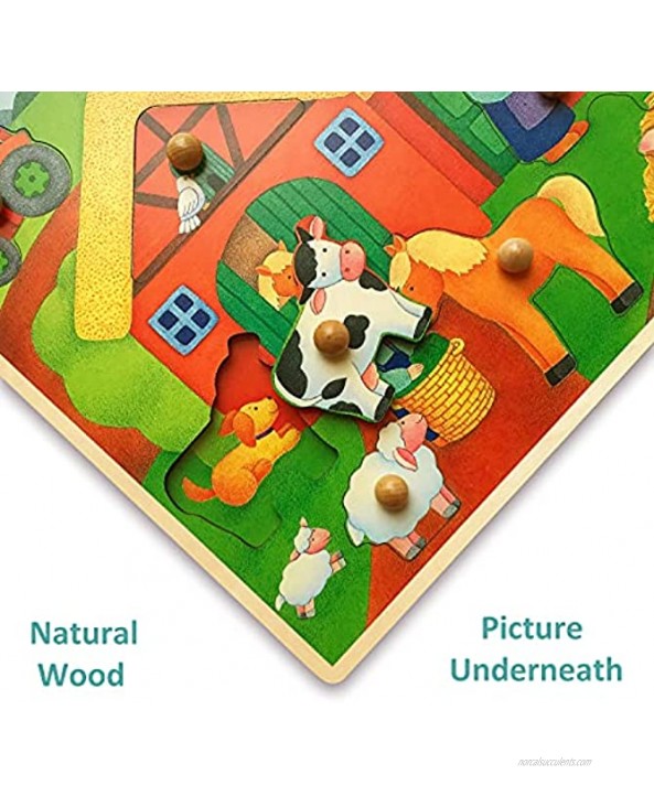 Wooden Peg Puzzles for Toddlers 1 2 3 4 Year Old Farm Animals Toddler Toys Toddler Puzzles with Knobs for Kids Wooden Baby Puzzles Large Knob Puzzles with Picture Underneath