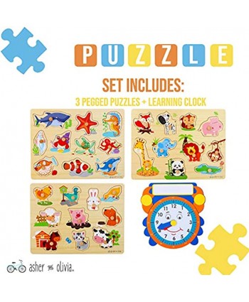 Wooden Peg Puzzles for Toddlers – Pack of 3 with Learning Clock Animal Chunky Educational Preschool Puzzles for Toddlers Kids Boys Girls and Children