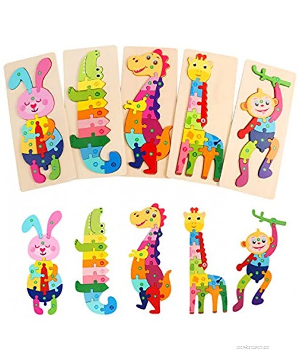 Wooden Pegged Puzzles for Toddlers Toys Montessori Stem Animal Jigsaw Preschool Block Learning Toys Gifts for Infant Boy Girls Kids Age 1 2 3 Year Old Activities Educational Game 5 Packs Animal