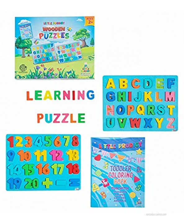 Wooden Puzzles for Toddlers 1-3-5 Little Prodigy Alphabet ABC Puzzle & Number Puzzle for Toddlers– Learning Toys for Toddlers 1-3 Set Toddler Puzzles Gift Box & Toddler Coloring Book