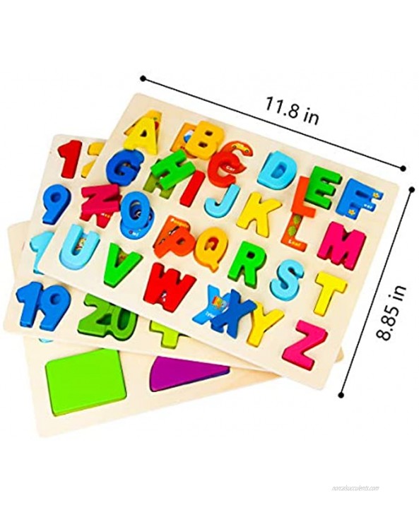 Wooden Puzzles for Toddlers Aitey Wooden Alphabet Number Shape Puzzles Toddler Learning Puzzle Toys for Kids Ages 3 4 5 Set of 3
