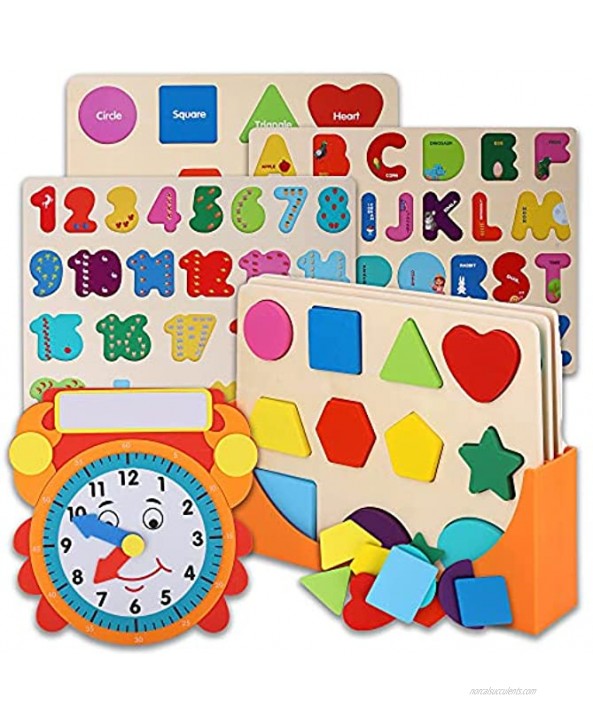 Wooden Toddler Puzzles and Rack Set 3 Pack Bundle with Storage Holder Rack and Learning Clock Kids Educational Preschool Puzzles for Children Boys Girls – Letters Numbers and Shapes