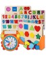 Wooden Toddler Puzzles and Rack Set 3 Pack Bundle with Storage Holder Rack and Learning Clock Kids Educational Preschool Puzzles for Children Boys Girls – Letters Numbers and Shapes