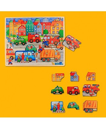 Wooden Toddler Puzzles for Kids 1 2 3 4 Year Old Toddler Learning Toys Wooden Peg Puzzle for Boys and Girls Traffic Themed Educational Preschool Puzzles Jumbo Knob Puzzles for Children and Babies