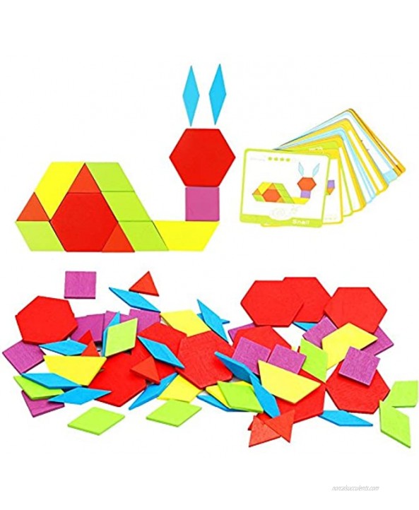 Lewo Wooden Pattern Blocks Montessori Tangrams Toys for Kids Ages 4-8 Educational Kindergarten Shape Puzzles with 24 Design Cards