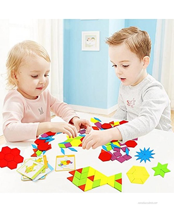 Lewo Wooden Pattern Blocks Montessori Tangrams Toys for Kids Ages 4-8 Educational Kindergarten Shape Puzzles with 24 Design Cards