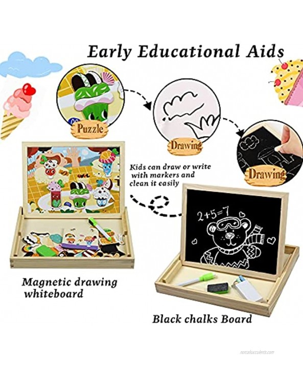 Wooden Magnetic Double-Sided Art Easel Black Board Puzzle with Storage Box for Kids 3 Years and Up Ice Cream