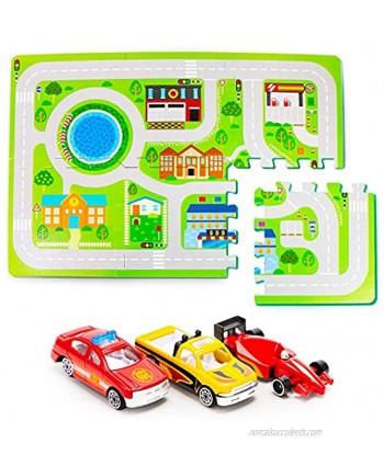 Boley Traffic Foam Play Mat Kids Playmat with 3 Mini Cars Toddler Playroom Puzzle Foam Playmat with Interlocking Floor Tiles