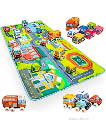UNIH Baby Soft Vehicle Toys Soft Car Toy Set with Play Mat Toddlers Plush Car Set Montessori Toys for 1 2 3 Year Old Toys 12 Pcs Pull-Back Car +Play Mat