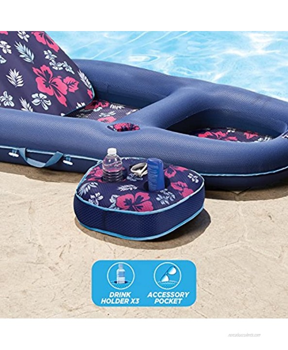 Aqua Campania Ultimate 2 in 1 Recliner & Tanner Pool Lounger with Adjustable Backrest and Caddy Inflatable Pool Float Navy Hibiscus AQL14856AZ