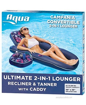Aqua Campania Ultimate 2 in 1 Recliner & Tanner Pool Lounger with Adjustable Backrest and Caddy Inflatable Pool Float Navy Hibiscus AQL14856AZ
