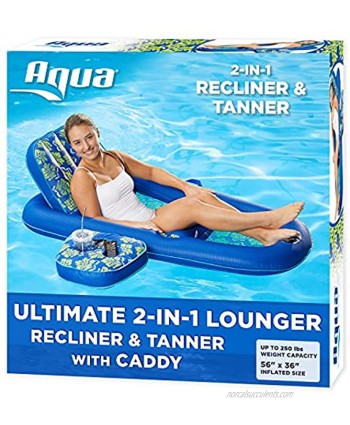 Aqua Campania Ultimate 2 in 1 Recliner & Tanner Pool Lounger with Adjustable Backrest and Caddy Inflatable Pool Float Royal Lime Hibiscus AZL14856AZ