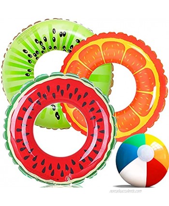 3 Pcs Inflatable Pool Floats Fruit Swim Tubes Rings with 1 Pcs Inflatable Beach Balls Watermelon Swimming Rings Water Beach Summer Party Floaties Toys for Kids and Adults