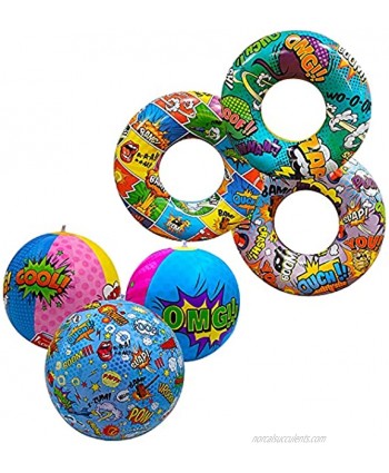 3 POP-Art Comics Pool Floats + 3 POP-Art Comics Beach Balls  Rings Tubes floatie for Summer Party Decorations Funny raft