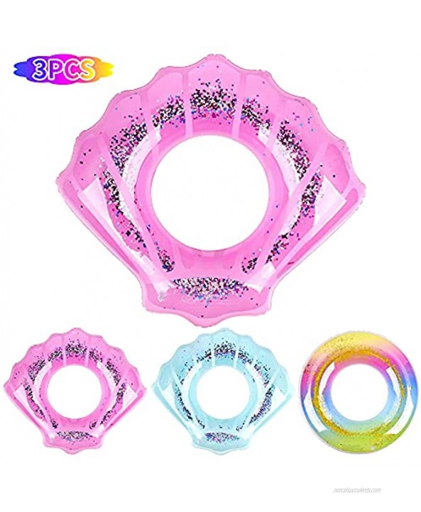 FiGoal 3 Pack Glittered Swimming Ring Including 2 PCS Shell Summer Ring in Blue and Pink and 1 Pack Rainbow Swimming Ring Pool Ring Toys for Summer Water Parties Outdoor Water Activities