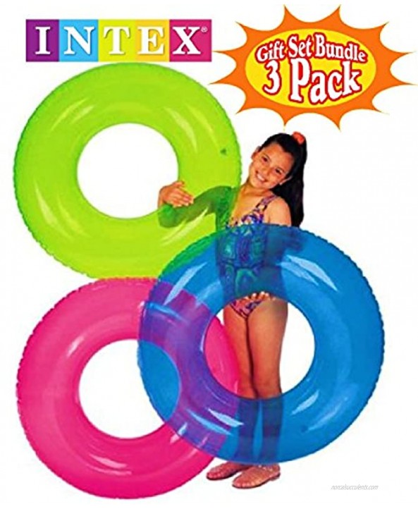 Intex Transparent Inflatable Tubes 30 Aqua Lime & Pink Complete Gift Set Bundle with Bonus Matty's Toy Stop 16 Beach Ball 3 Pack