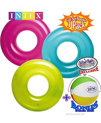 Intex Transparent Inflatable Tubes 30" Aqua Lime & Pink Complete Gift Set Bundle with Bonus Matty's Toy Stop 16" Beach Ball 3 Pack