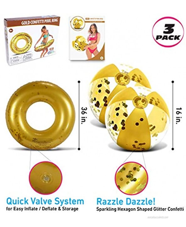 Mozlly Bundle of Gold Inflatable Pool Float Tube & Beach Balls Set of 3 Premium Confetti Swim Ring 36 & Pool Balls 16 Fun Water Pool Toys for Beach Lake Party Vacation Decor 3 Pack