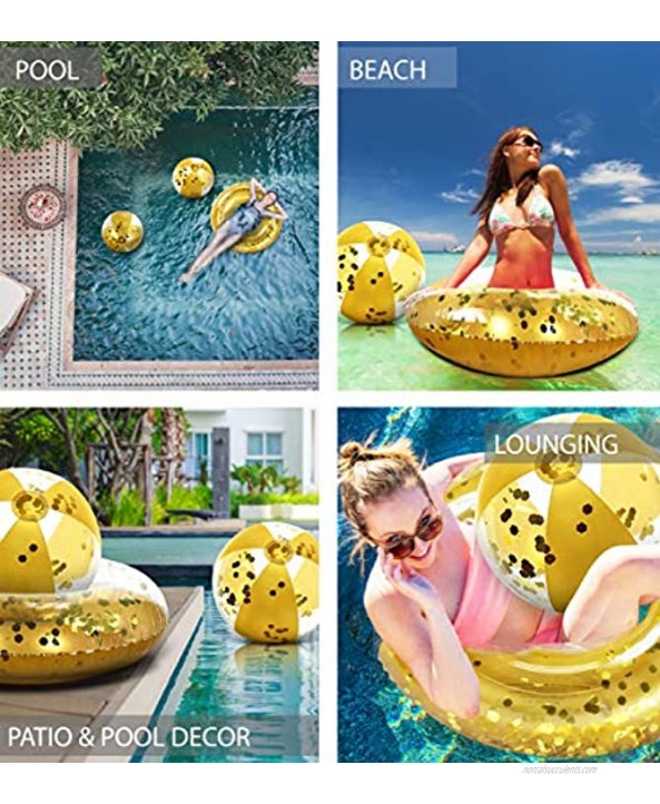 Mozlly Bundle of Gold Inflatable Pool Float Tube & Beach Balls Set of 3 Premium Confetti Swim Ring 36 & Pool Balls 16 Fun Water Pool Toys for Beach Lake Party Vacation Decor 3 Pack