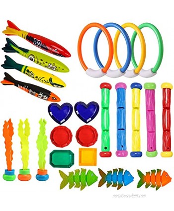 25 Pcs Diving Pool Toys Jumbo Set with Storage Bag Includes 5 Diving Sticks 4 Diving Rings 6 Pirate Treasures 3 Diving Toy Balls 3 Fish Toys 4 Stringy Octopus