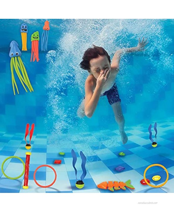 30 Pcs Diving Pool Toys Jumbo Set with Storage Bag Includes 5 Diving Sticks 6 Diving Rings 5 Pirate Treasures 4 Toypedo Bandits 3 Diving Toy Balls 3 Fish Toys 4 Stringy Octopus