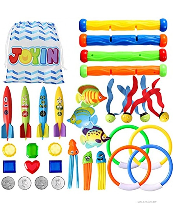 32 Pcs Diving Pool Toys Set with Bonus Storage Bag Includes Diving Rings Diving Sticks Toypedo Bandits Diving Toy Balls Octopuses Fishes & Pirate Treasures Underwater Sinking Pool Toys for Kids