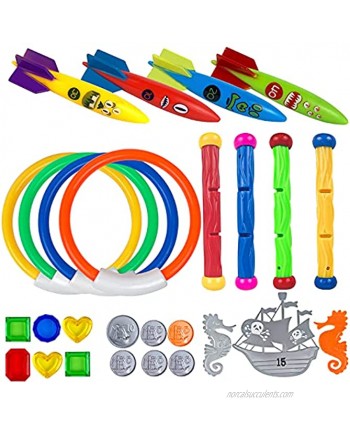 BOMPOW Diving Kids Pool Toys 27 Pcs Underwater Swimming Pool Toys with Pool Torpedo Diving Rings Diving Gems Diving Sticks Toy Coins Pool Toys for Kids in Pool&Summer Party