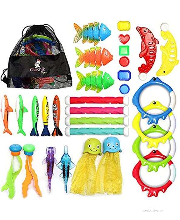 Chuchik Diving Toys 30 Pack Swimming Pool Toys for Kids Includes 4 Diving Sticks 4 Diving Rings 6 Pirate Treasures 3 Toypedo Bandits 9 Fish Toys 4 Octopus Water Toys with a Storage Net Bag