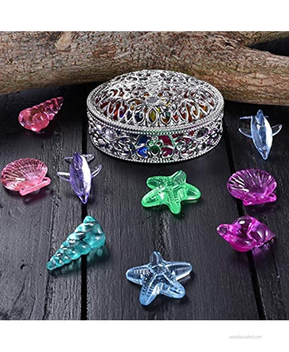 Diving Gem Pool Toy Colorful Marine Animals Ocean Theme Diamond Set With Treasure Pirate Box Summer Swimming Gem Diving Toys Set Dive Throw Toy including Starfish conch And dolphin gem silver white