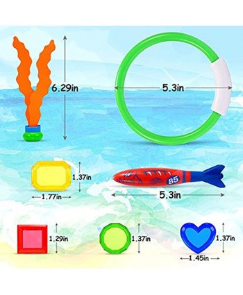 LET'S GO! Pool Toys for Kids Age 3-12 Diving Toys with Pool Torpedo Diving Rings Diving Seaweeds Toypedo Shark Diving Gems Storage Bag for Kid Underwater Swimming Diving Pool Toy