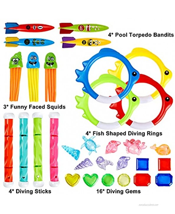 liberry Diving Pool Toys 32PCS Diving Toys with Diving Rings Diving Sticks Torpedo Bandits Gems and Storage Bag Durable Pool Toys for Kids 3-10 for Diving Training Gift