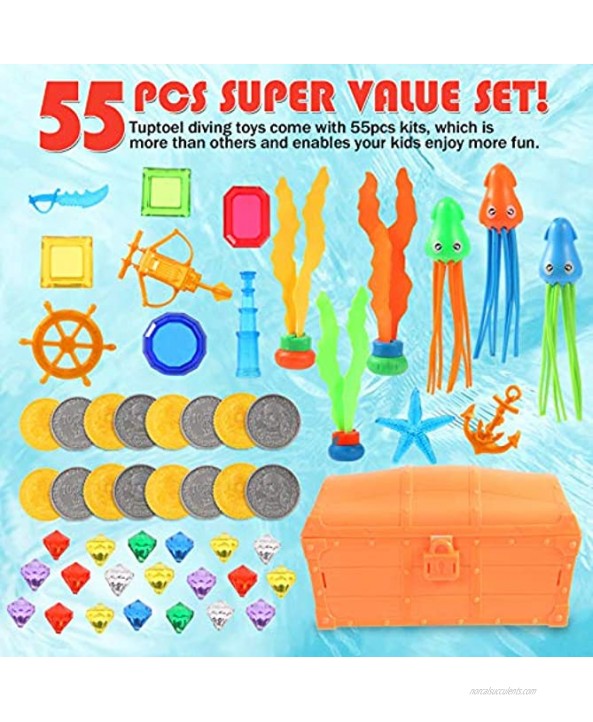 Tuptoel Pool Toys 55Pcs Summer Diving Toys Gems Octopus Diving Ball Pool Treasure Chest Set Underwater Games Swimming Pool Toys for Kids Teens Adults 6 7 8 9+ Orange