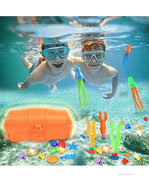 Tuptoel Pool Toys 55Pcs Summer Diving Toys Gems Octopus Diving Ball Pool Treasure Chest Set Underwater Games Swimming Pool Toys for Kids Teens Adults 6 7 8 9+ Orange