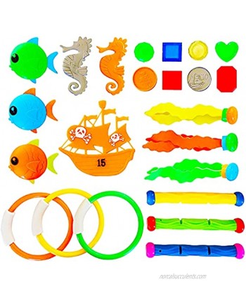 VIVEMCE Pool Diving Toy  Underwater Swimming Toys with Diving Rings Diving Sticks Diving Fish Diving Gems Diving Octopus Pirate Ship for KidsSet of 23