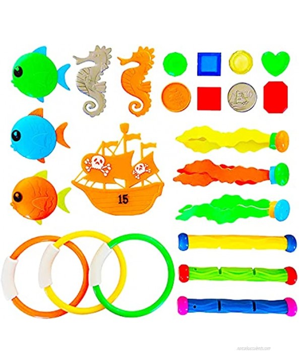 VIVEMCE Pool Diving Toy Underwater Swimming Toys with Diving Rings Diving Sticks Diving Fish Diving Gems Diving Octopus Pirate Ship for KidsSet of 23