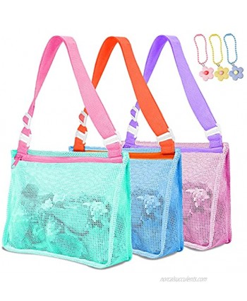3PCS,Beach Toy Beach Mesh Bag Tote Kids Seashell Bag with Zipper for Beach  Pool Swimming Accessories Bags for Boys and Girls,Holding Beach Shell ,ToysOnly Bags with 3pcs Flower-Shaped Ornaments