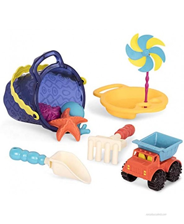 B. toys – Sands Ahoy – Beach Playset Medium Bucket Set Navy with 9 Unique Sand & Water Toys –Phthalates and BPA Free – 18 m+