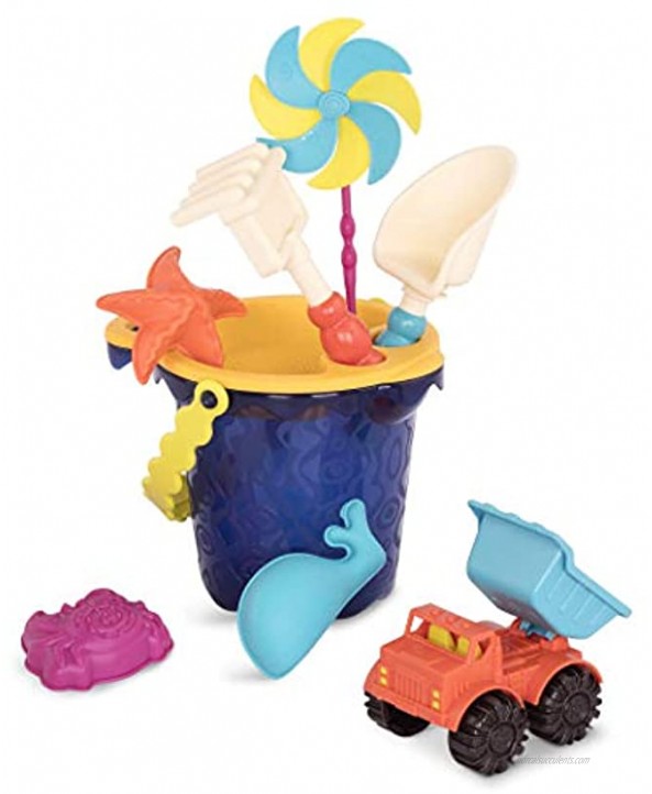 B. toys – Sands Ahoy – Beach Playset Medium Bucket Set Navy with 9 Unique Sand & Water Toys –Phthalates and BPA Free – 18 m+
