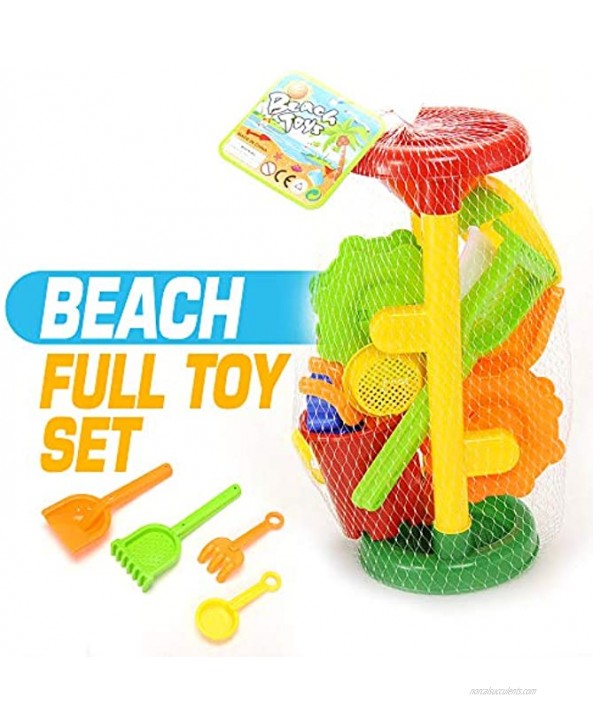 Double Sand Wheel Beach Toy Set for Kids | Non-Toxic Plastic Bucket 2 Rakes 1 Shovel 1 Sifter 3 Animal Shapers | Outdoor Play Toddler Toys Water Sandbox Accessories Boy & Girl Party Gift Kit