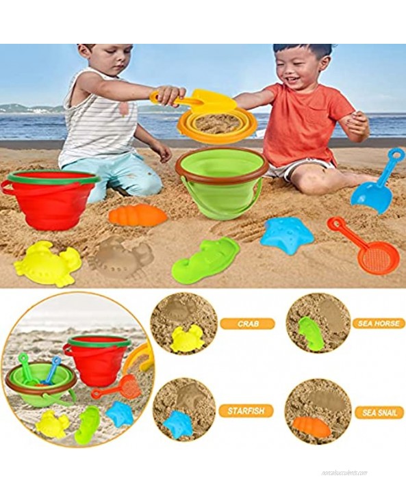 Foldable Beach Bucket Sand Toys Set Silicone Collapsible Bucket Summer Outdoor Camping and Fishing Tub with Sand Molds Shovels and Rakes for Kids Toddlers Boys Girls 2.5L 3PCS
