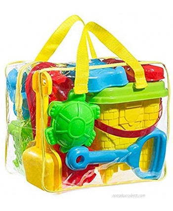 FoxPrint Beach Sand Toy Set Models & Molds Bucket Shovels Rakes Mesh Bag with Pull Strings Zippered Bag Colors May Vary