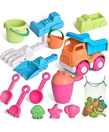 FUN LITTLE TOYS Kids Beach Sand Toy Set Beach Bucket Car Watering Can Shovel Rake and Molds Eco-Friendly Sandbox Toys Kids Outdoor Toys 14 Piece