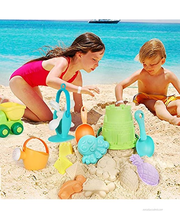 GobiDex Ready Beach Bag,21 Funky Kids Beach Sand Toys Set – Eco-Friendly and BPA Free – Reusable Sandbox Toys for Toddlers 18 Months and up Green Bucket,Colorful Shovels Rakes Watering Can Molds