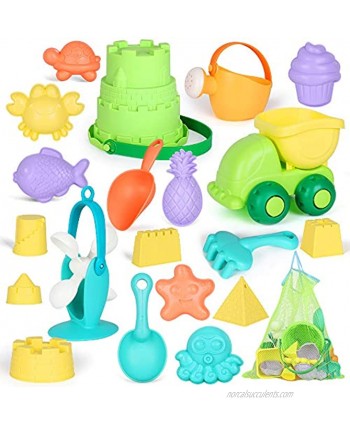 GobiDex Ready Beach Bag,21 Funky Kids Beach Sand Toys Set – Eco-Friendly and BPA Free – Reusable Sandbox Toys for Toddlers 18 Months and up Green Bucket,Colorful Shovels Rakes Watering Can Molds