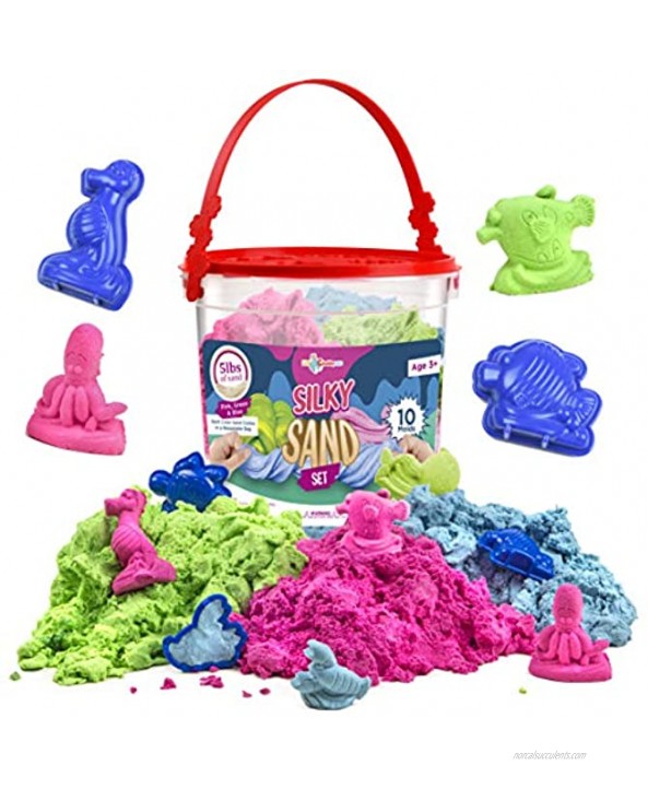 LITTLE CHUBBY ONE Kids Silky Play Sand Set 5 Lbs Moldable Toy Sand Set 10 Molds Bucket Mess Free Play for Girls and Boys Ideas for Children Activities Age 2 3 4 5 6 7 8 9 10